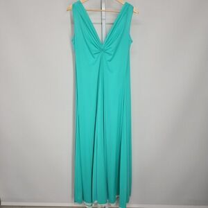 Lucie Ann Vintage 70s Teal Aqua Grecian Goddess‎ Maxi Gown Lace Trim Made in USA